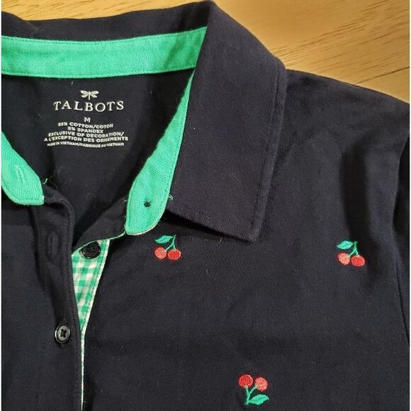 🔸️Talbots Blue & Red Cherry Print Short Sleeve Polo Top Medium - Picture 4 of 10